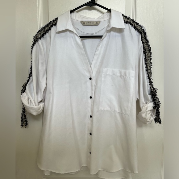 Zara button up blouse with tweed detail, White,Size S - Picture 2 of 8